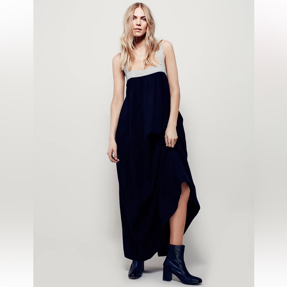 Free People Navy Blue Cotton Linen Striped‎ Bodice Open Back Maxi Dress Small